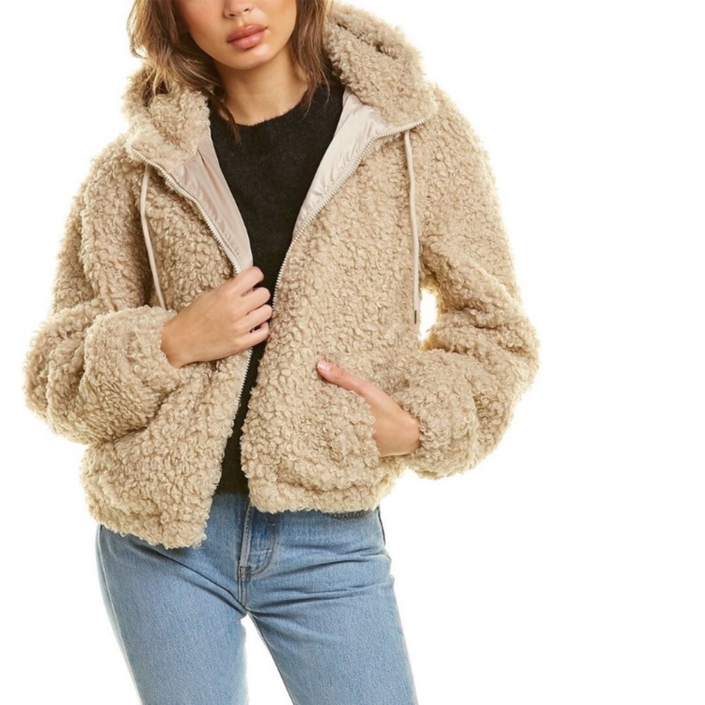 Walter Baker Faux Fur Hooded Jacket Size L 12-14 Amanda Wubby Tan Faux Fur